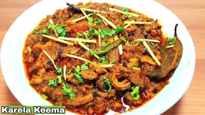 Keema Karela, a dry curry of minced meat and bitter gourd.